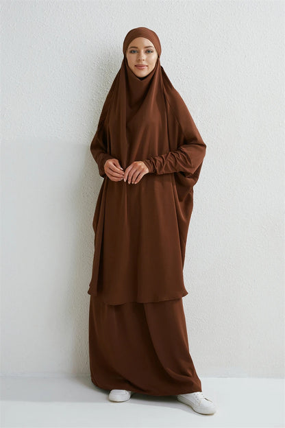 Muslim Sets Two Pieces Prayer Clothing Long Hooded Smocking Sleeve Shirts Hijab Loose Maxi Skirts Elastic Waist Women Abaya Sets.