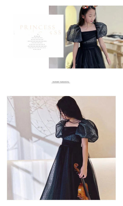 Mädchen Abendkleid für Kinder Elegante Schwarz Vintage Puff Hülse Kleider Teenages Party Kleider Kinder Violine Leistung Vestidos.