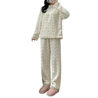 2-teiliges Set, verdickt, warm, modisch, Samt-Pyjama, Herbst-Winter, gepolstert, Damen, lässig, elastisch, gestreift, bequem, Homewear.