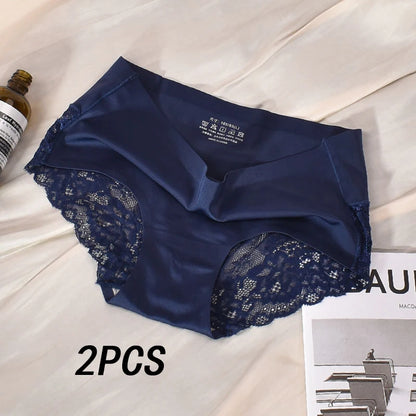 2 Articles Ice Silk Panties Female Mid-waist Non-marking Lace Cotton Crotch Skin-friendly Large Size Breathable Ultra-thin Young.