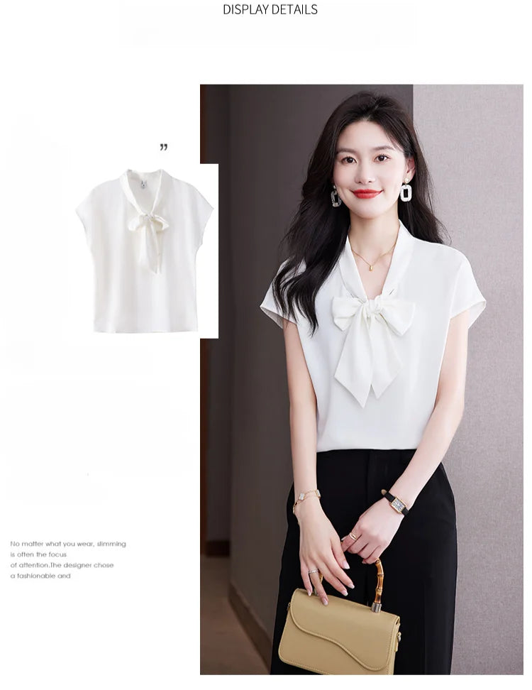 Bow Tie Blouse Shirt for Women OL Elegant Blouses Satin Womens Tops Silk Female Clothing 2023 Korean Fashion Short Sleeve Blouse.