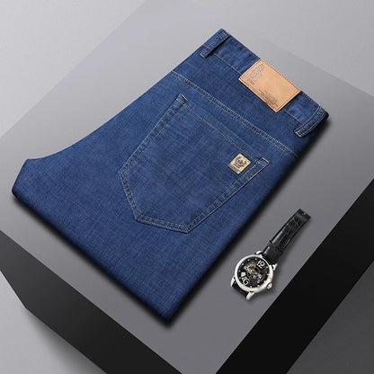 Men's Ice Silk Jeans Summer New Lyocell Thin Business Casual Denim Pants Classic All Match Slim Fit Straight Elastic Jean Male