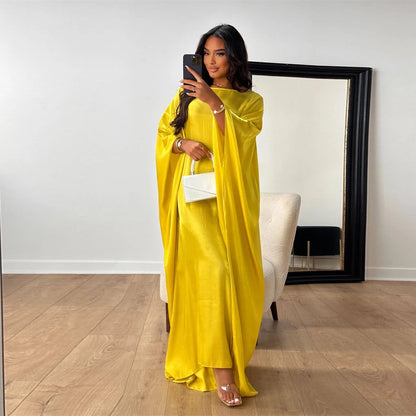 Ramadan Eid Summer Satin Batwing Abaya Dubai Women Islam Muslim Maxi Kaftan Dresses Kebaya Caftan Marocain Robe Femme Musulmane.