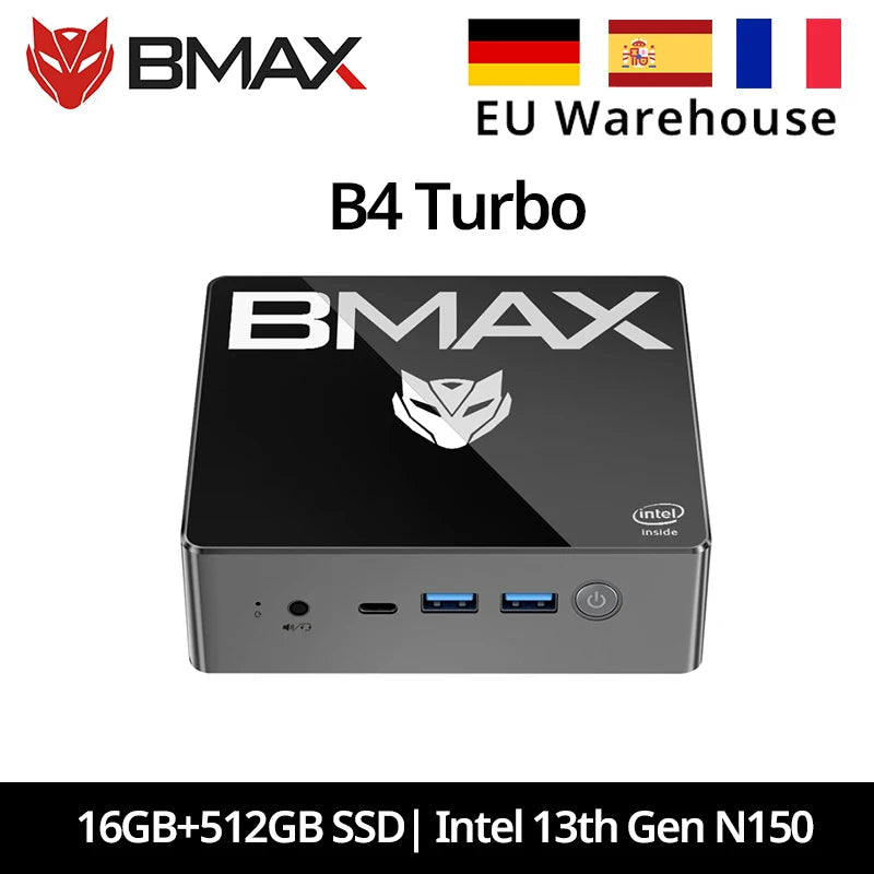 BMAX B4 Turbo Mini PC Windows 11 PC Intel N150 16GB 512GB SSD 2*HDMI 1*Type-C Supports 4K@60Hz 1000MHz Intel Graphics.