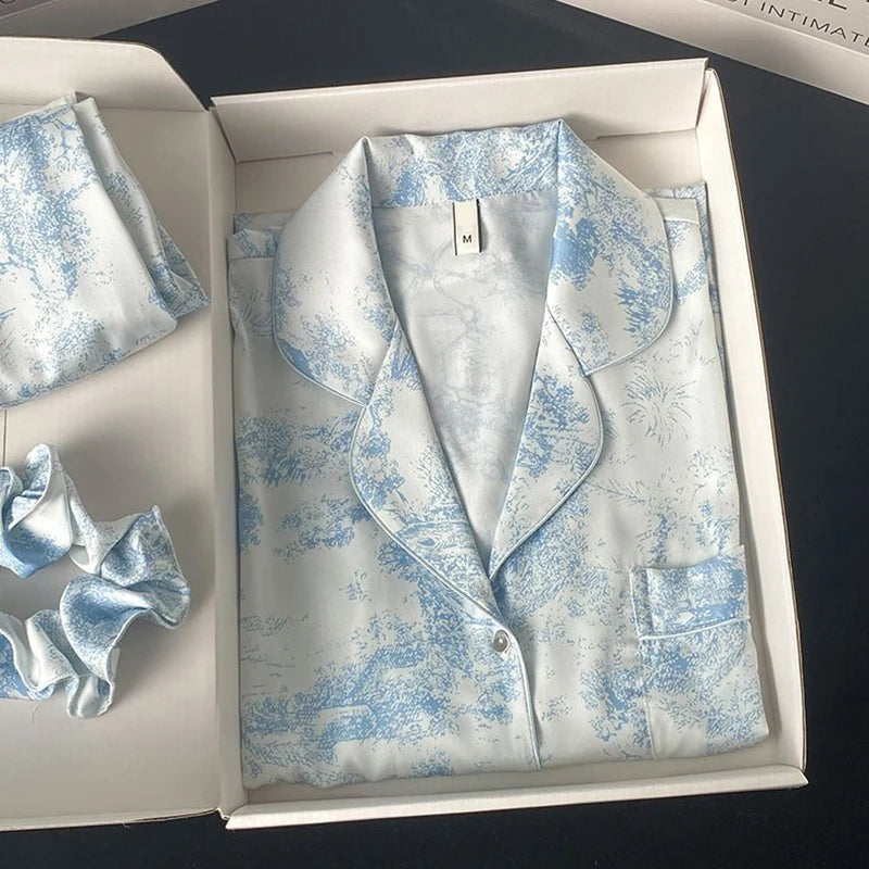 New Ice Silk Women Pajama Lapel Button Cardigan Outfits for Women 2 Piece Set Fashion Printing Set Clothes for Women.