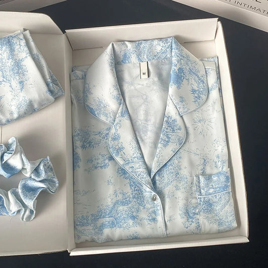 New Ice Silk Women Pajama Lapel Button Cardigan Outfits for Women 2 Piece Set Fashion Printing Set Clothes for Women.