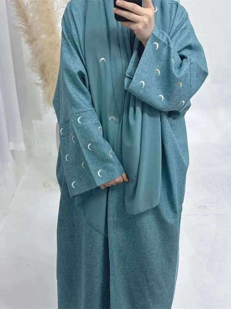 Moon Embroidery Open Abaya 2024 New Luxury Kimono Coat Hijab Muslim Sets for Women Islam Retro Modest Clothing for Party Kebaya
