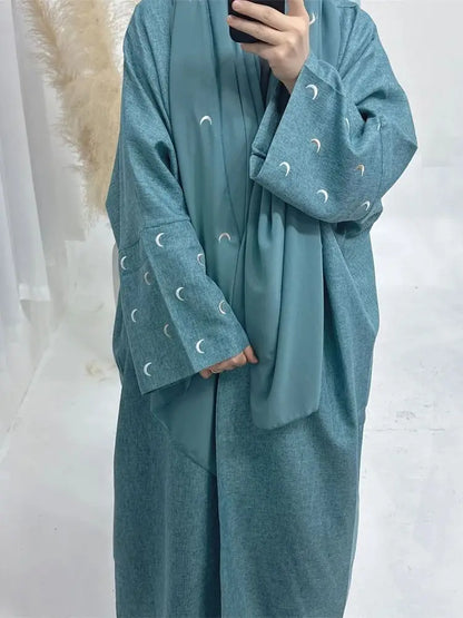 Moon Embroidery Open Abaya 2024 New Luxury Kimono Coat Hijab Muslim Sets for Women Islam Retro Modest Clothing for Party Kebaya