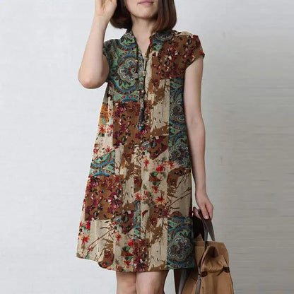 Zanzea Vintage Sommerkleid Sommer knielanges Kleid Frauen Kurzarm lässig Urlaub Kleider Bohemian Blumen gedruckt Vestidos Robe.