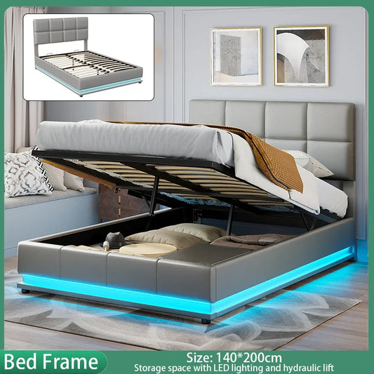 Anajqaqia Polsterbettgestell mit LED-Beleuchtung, 140 x 200 cm, mit hydraulischem Stauraum, Grau