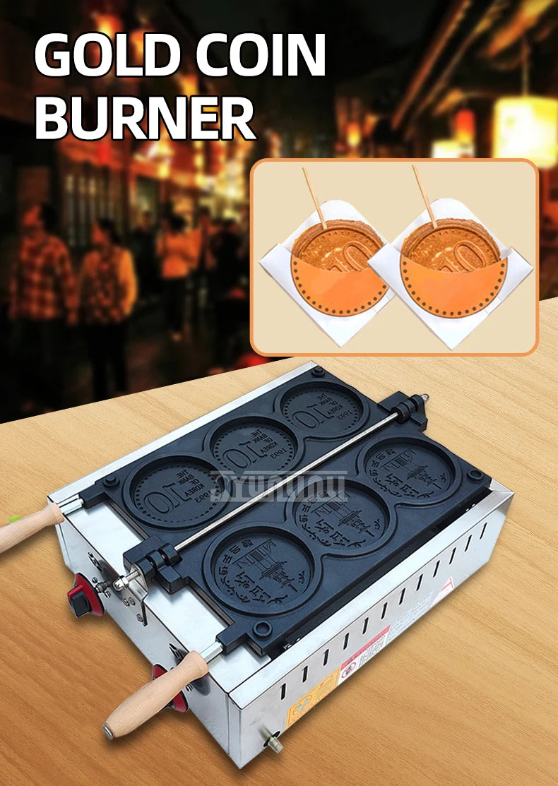 Commercial Non-Stick Pan Waffle Maker Set of 4 Gas Gold Coin Waffle Mold Baking Snack Maker Machine for Kitchen.