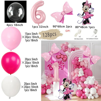 128PCS Minnie Maus Rosa Schleife Aluminium Form Ballon Girlande Bogen Set Mädchen Prinzessin Geburtstag Party Baby Dusche Dekoration Lieferungen