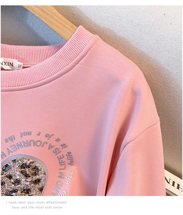 175 kg Plus Size Damen Büste 170 Frühling Herbst Lose Rundhals Langarm Bedrucktes Sweatshirt Schwarz Rosa 5XL 6XL 7XL 8XL 9XL.