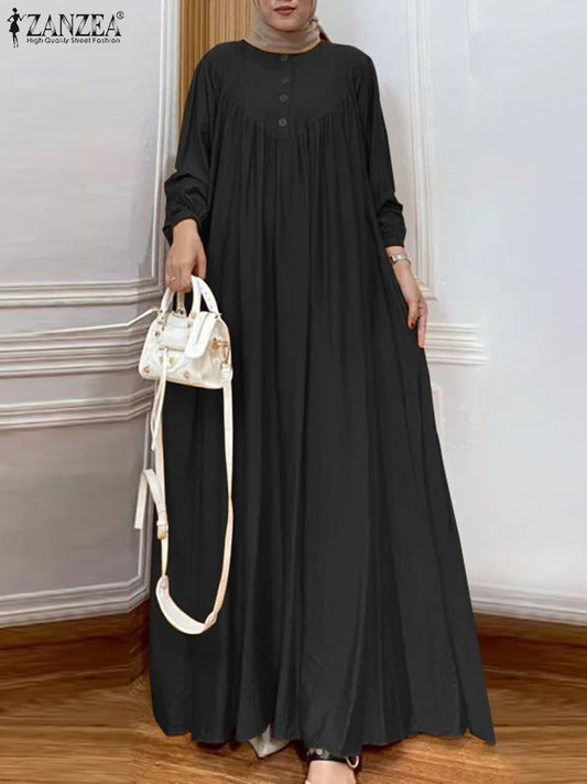 Women Autumn Muslim Long Dress Abaya Long Sleeve Hijab Vestidos Islamic Robe Femme ZANZEA Vintage Ramadan Maxi Sundress Kaftan.