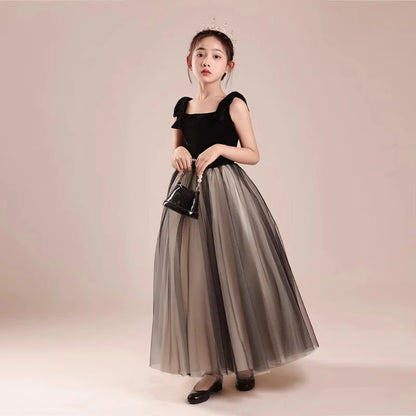 Kinderkleid Mädchen Mode Klavier Violine Performance Kleid Schwarz Samt Mesh Host Chor.