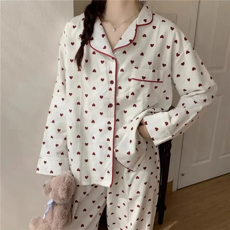 M-XXL Large Size Nightwear Women Sleepwear Autumn and Winter Cardigan Home Wear Peach Heart Long Sleeves School Silk Pajamas.