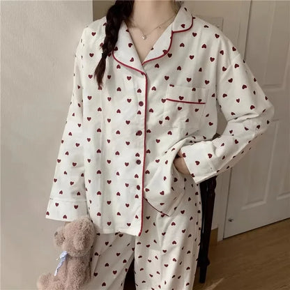 M-XXL Large Size Nightwear Women Sleepwear Autumn and Winter Cardigan Home Wear Peach Heart Long Sleeves School Silk Pajamas.