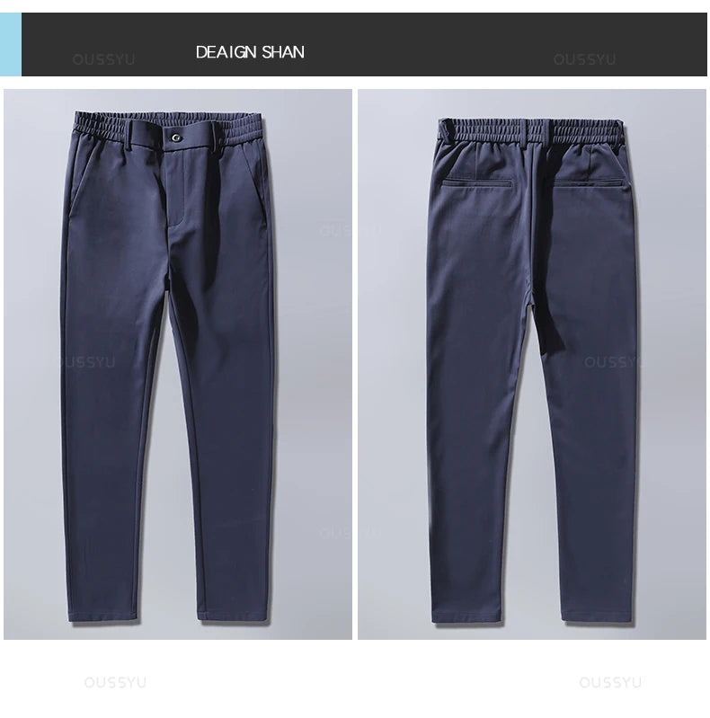 Autumn Winter Casual Pants Men Thick Business Stretch Slim Elastic Waist Jogger Korean Classic Black Gray Blue Trouser Male.