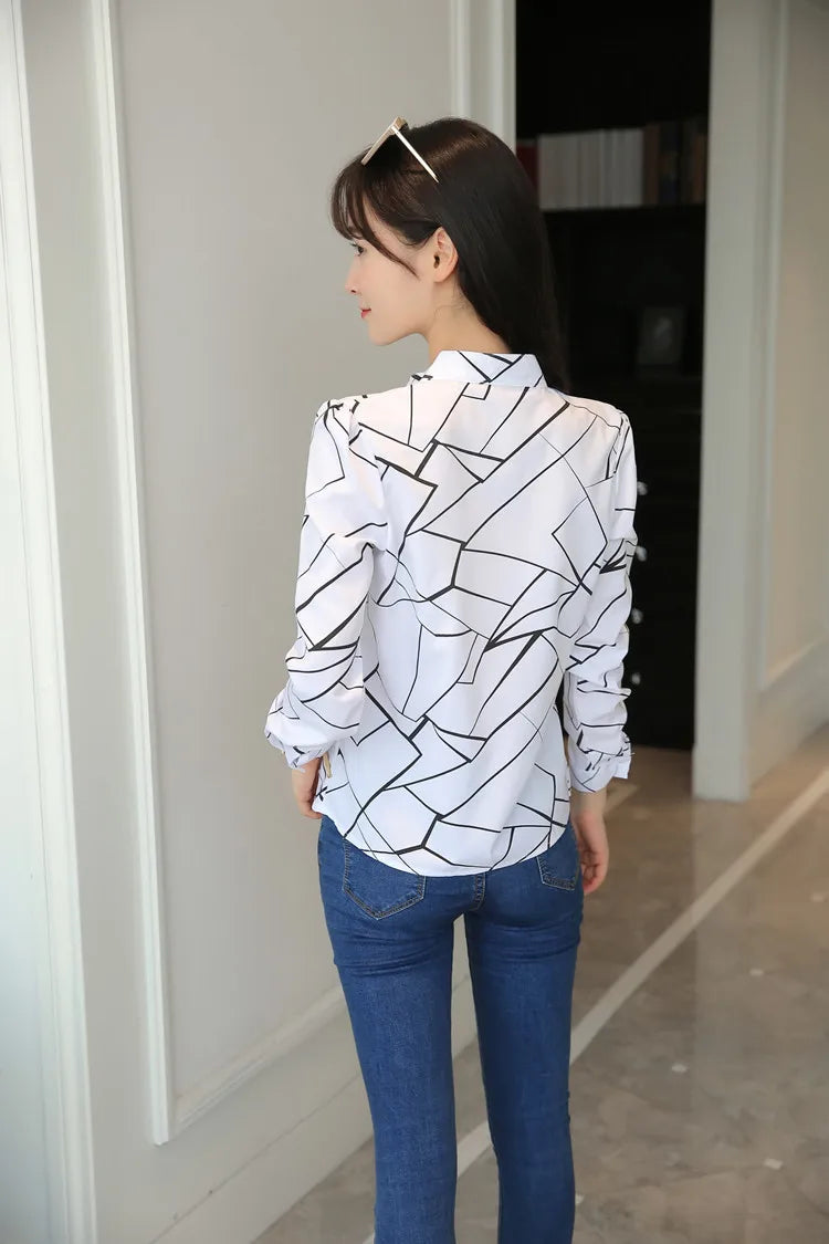 Stripe Women Blouse Fashion Standing Collar Women's Shirt Long Sleeved Shirts and Blouses Printing Ladies Tops Basic Womens Tops