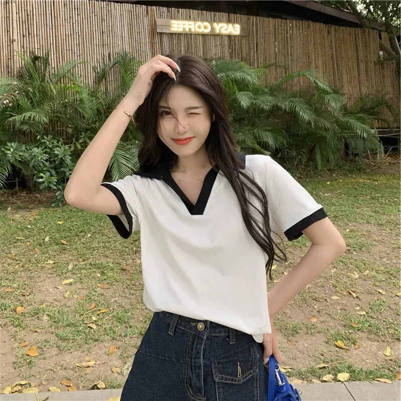 American Style Sweet And Spicy Girl Polo Shirt Women's Summer New Student Design Slimming Short Sleeve T-shirt Color Block.