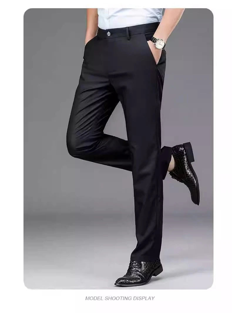 Male Smart Casual Pants Stretchy Sports Men's Fast Dry Trousers Spring Autumn Full Length Straight Office Black Navy Work Pants.