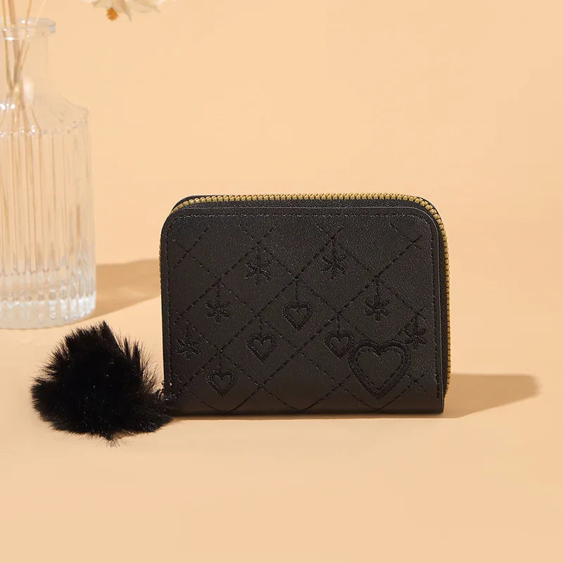 Women Fashion Zipper Wallet with Hairballs Simple Versatile Short Coin Purse Multi-Functional Multi-Card Slot Card Bag