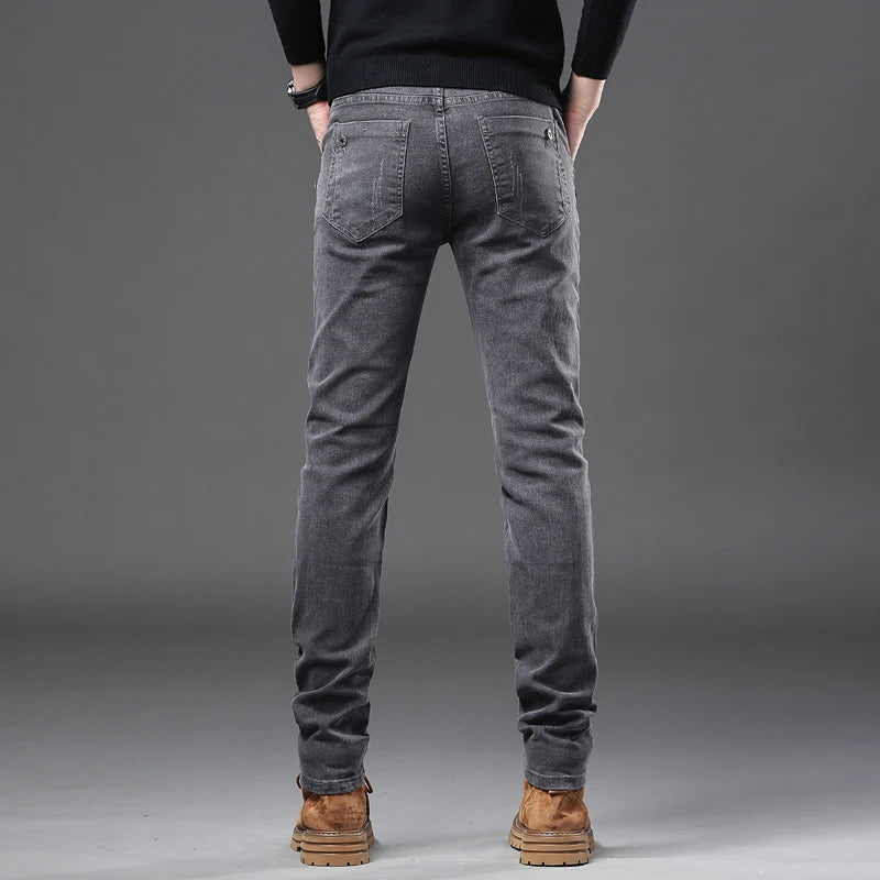 New Pure Gray Korean Slim Jeans Men's Stretch Tight Trendy Jean Trousers Branded Streetwear Comfortable Man Clothing Pants.