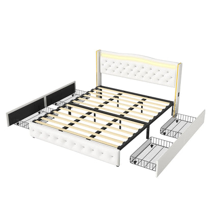 Lazyspace Diamond Embellishment Luxuriöses weißes PU-Polsterbett, Bettrahmen-Kopfteil mit bunten LED-Leuchten und USB-Anschluss