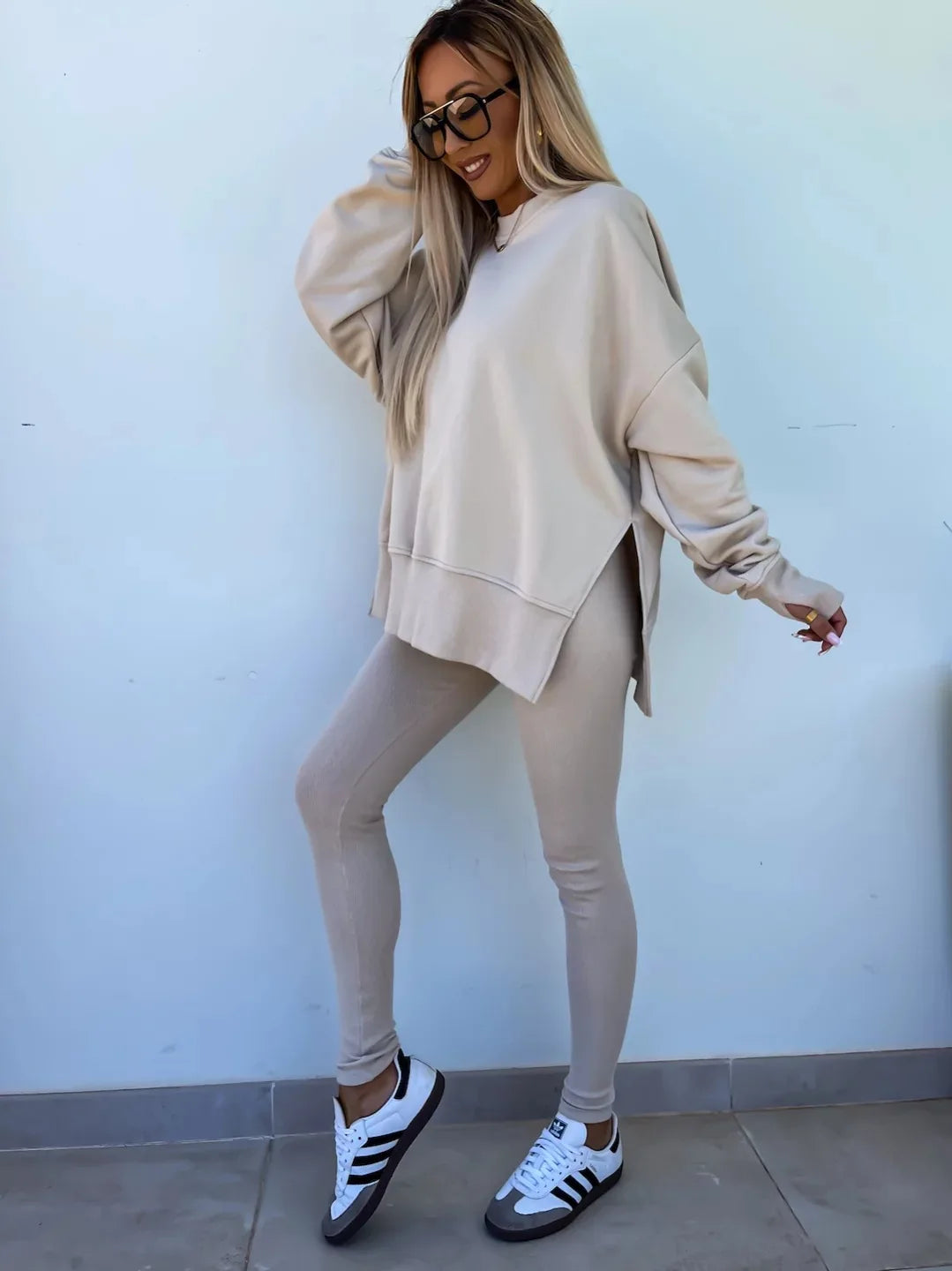 Women Pant Sets Two Pieces Tracksuit Solid Loose Sweatshirts Split Pullover Pencil Pants High Street Autumn Winter 2024.