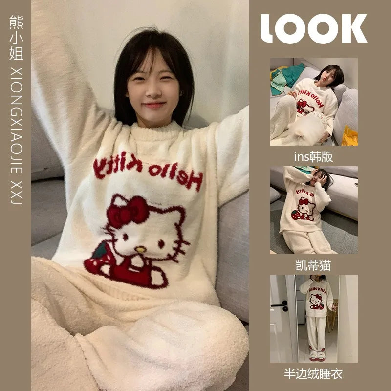 Kawaii Hello Kitty Pajamas Girl Sanrio Long-Sleeved Loungewear Sweet Young Student Girl  Warm Home Clothes Sleepwear Set.