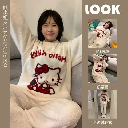 Kawaii Hello Kitty Pajamas Girl Sanrio Long-Sleeved Loungewear Sweet Young Student Girl  Warm Home Clothes Sleepwear Set.