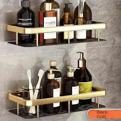 Goldene doppelte Aluminiumregale, keine Stanzlöcher, Badezimmer, Küche, Aufbewahrungsorganisator, langlebig, einfach zu installieren, platzsparend, modernes Design