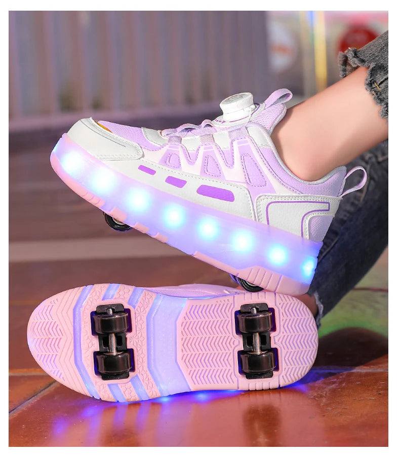 Children Four Wheels Luminous Glowing Sneakers Black Pink Led Light Roller Skate Shoes Kids Led Shoes Boys Girls USB Charging
