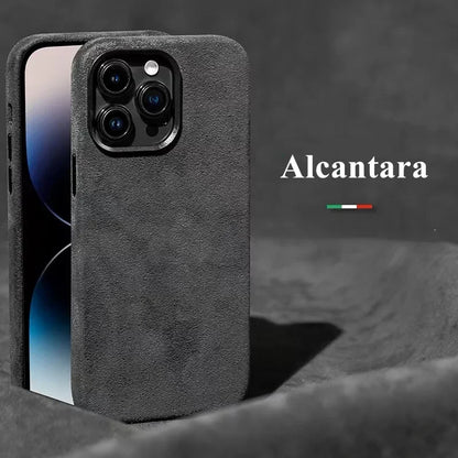 Grey Alcantara Magnetic Attraction Case for iPhone 16 12 13 14 15 Pro Max High-end Imported Suede Metal Lens Protection Cover.