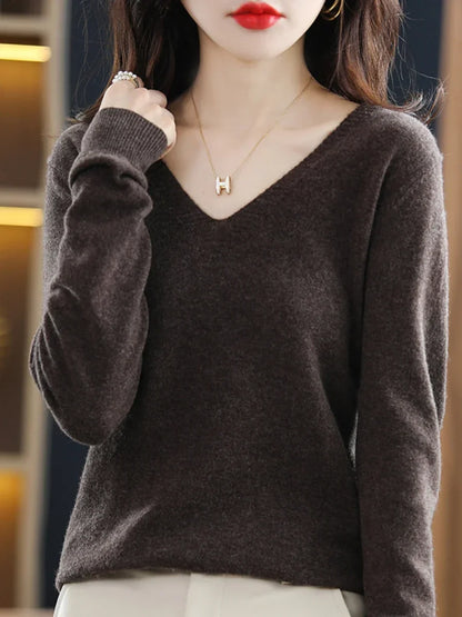 Herbst Winter Frauen Pullover 2025, Koreanische Mode Strickwaren Warme Lange Hülse V-ausschnitt Stricken Pullover Slim Fit Bodenbildung Shirt Jumper