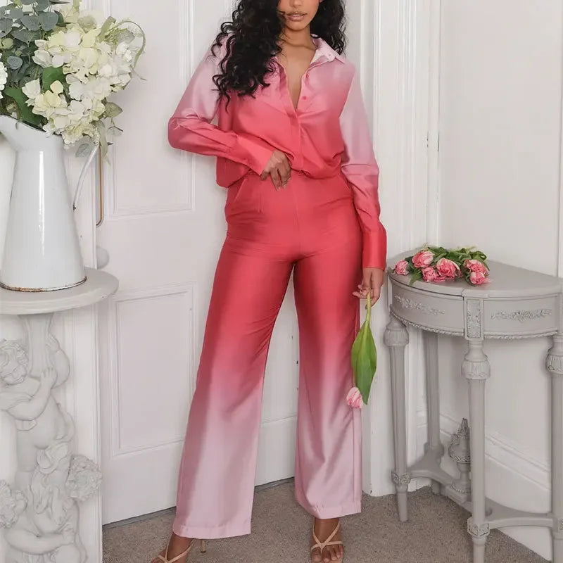 Female Casual Outfit New Summer Print Suits Woman Vintage Printed Long-sleeved Shirt and Loose Wide Leg Pants Set Two Piece Set