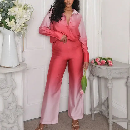 Female Casual Outfit New Summer Print Suits Woman Vintage Printed Long-sleeved Shirt and Loose Wide Leg Pants Set Two Piece Set