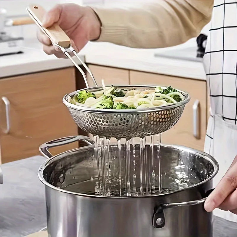 Stainless Steel Colander with Wooden Handle - Fine Mesh Skimmer Spoon for Cooking, Food Prep  Grease Filtering for Pasta Noodles.