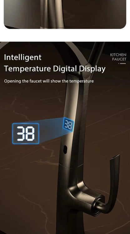 AITANA Gun Grey Luxury Brass LED Display Kitchen Faucet，Touchless Sensor，Pull-Out 3-Function Spray Water-Saving SinK Mixer