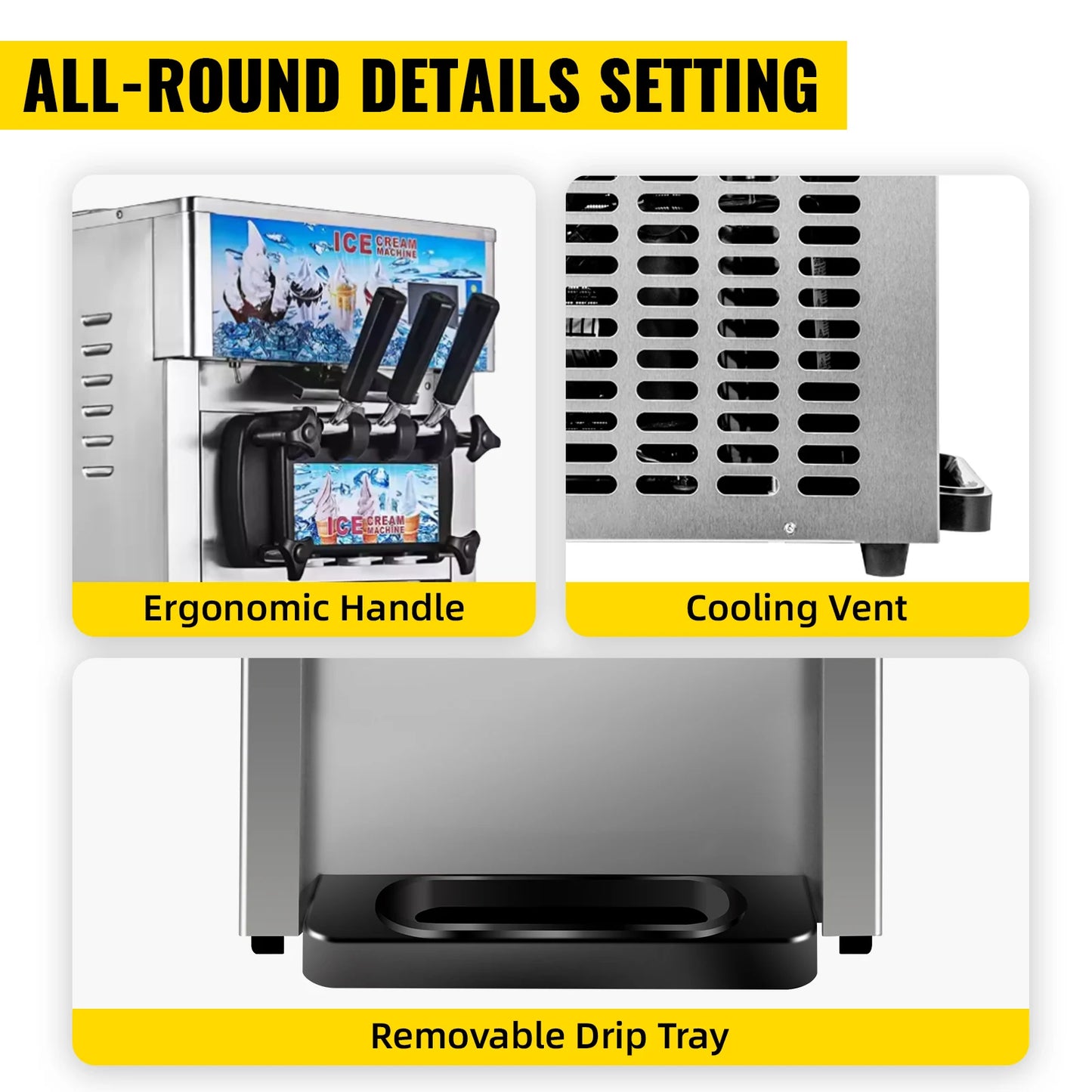 SIHAO Commercial Soft Serve Ice Cream Machine - Tri-Flavor 18L/H with LCD Display & One-Touch Cleaning for Dessert Shops, Cafes.