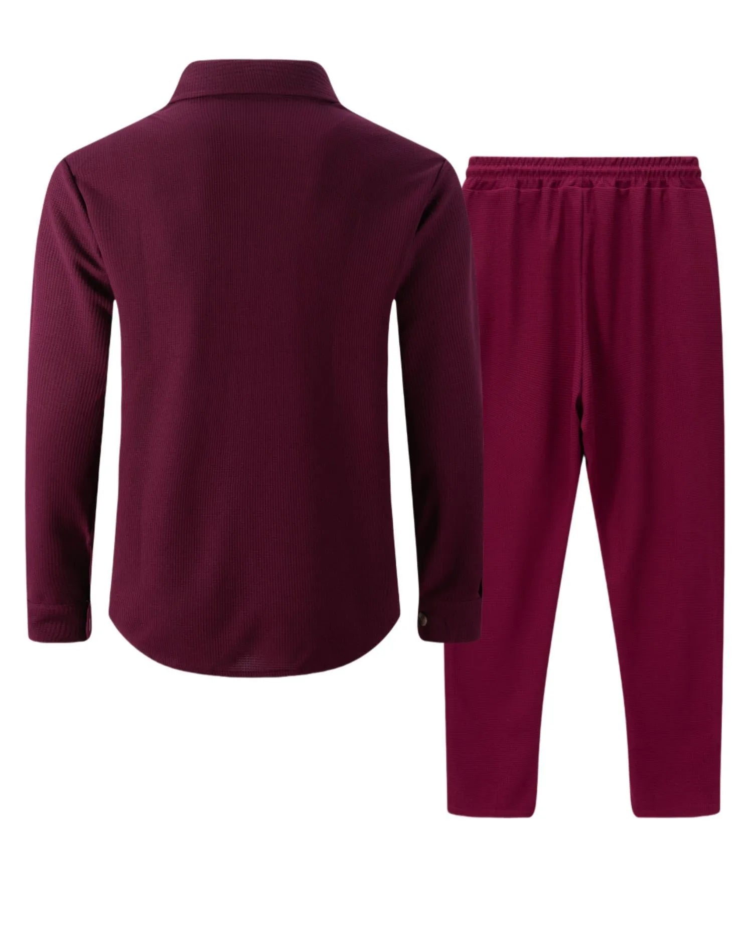 New autumn style waffle long-sleeved solid-color double-pocket buttoned cardigan shirt and pants set.