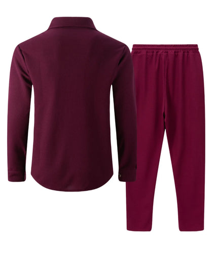 New autumn style waffle long-sleeved solid-color double-pocket buttoned cardigan shirt and pants set.