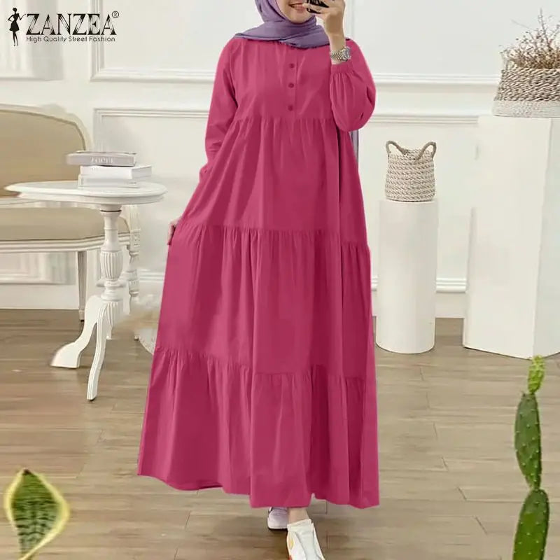 ZANZEA O Neck Casual Loose Maxi Dress Tiered Islamic Hijab Women Long Sleeve Long Vestidos Muslim Fashion Autumn Abaya Robes.