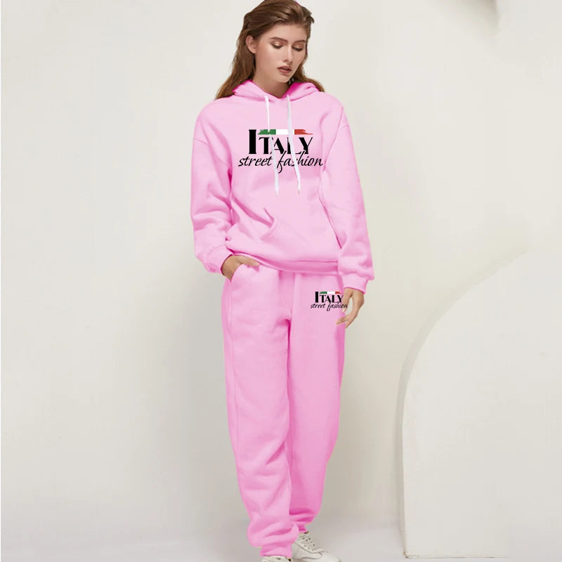 Womens Pants Suit Print Casual Hooded Sweatshirt Set Sports Jogging Woman Clothing AutumnWinter Office Home Tracksuit Street y2k.