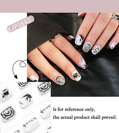 Y2K Black White Hand Drawn Comic Design Wearable Mini Short Fake Nails Full Cover Finished False Nails Press on Nails with Glue.