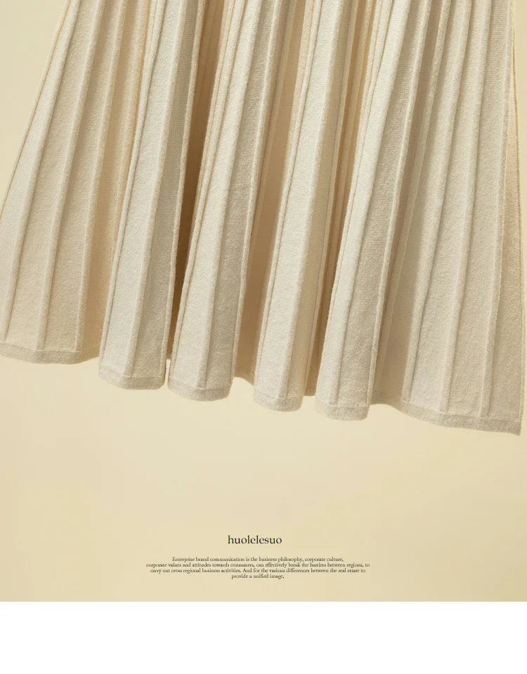 2025 Brand Designer Women Autumn Winter Thick Elegant Chic Solid Pleated Skirt High Waist Luxury Fashion With Elastic Female.