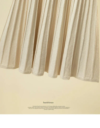 2025 Brand Designer Women Autumn Winter Thick Elegant Chic Solid Pleated Skirt High Waist Luxury Fashion With Elastic Female.