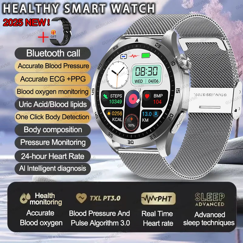 2025New Micro Physical Examination Blood Lipids Uric Acid Blood Pressure Smart Watch ECG+PPG Clock Bluetooth Call Smartwatch Men