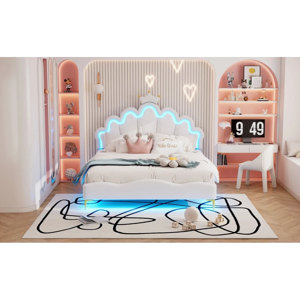 Polsterbett ohne Matratze, ferngesteuertes Umgebungslichtbett mit 2 Schubladen, kronenförmiges Prinzessinnenbett, verstellbarer Kopf, PU, Weiß