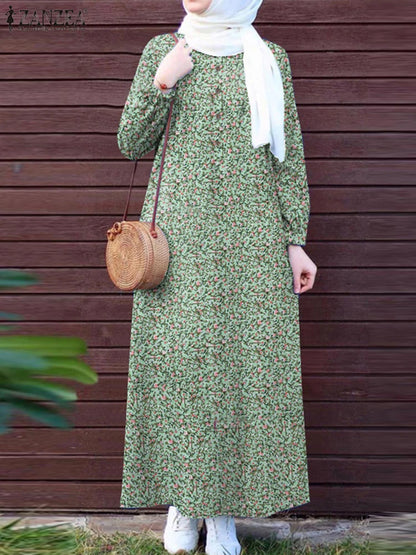 ZANZEA Islamic Women Floral Print Maxi Dress Long Sleeve Loose Casual Abaya Robes 2025 Spring Muslim Hijab O Neck Kaftan Dresses.